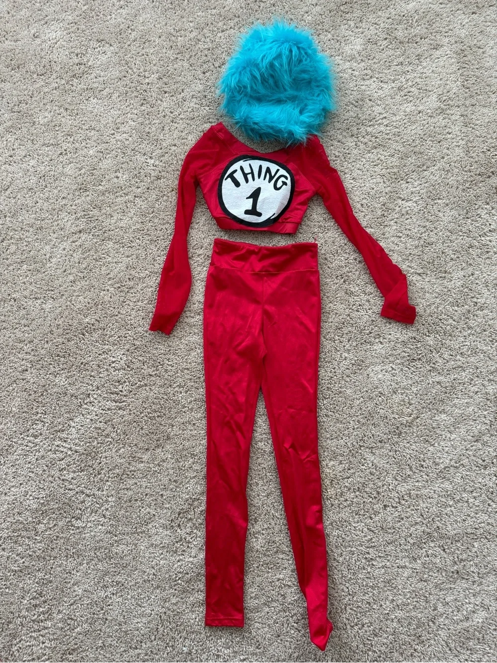 Weissman Red 'Thing 1' Costume with Bright Blue Fuzzy Wig